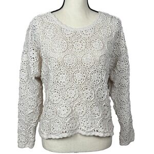 Vtg Cream Crochet Open Knit Boho‎ Sweater M Cottagecore Beachy Layering Coastal